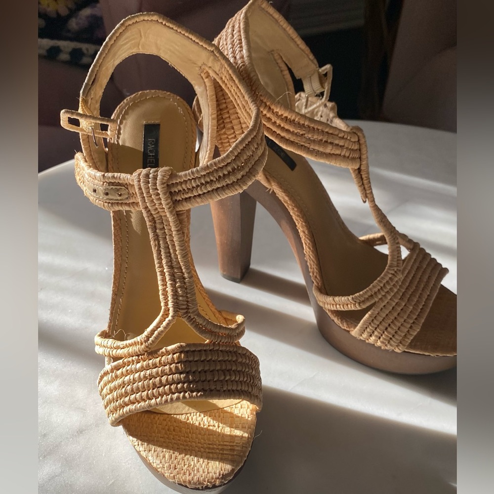 Rachel Zoe Rachel Zoe 9 Natural Straw Wood T-Strap Platform Heel Sandals
